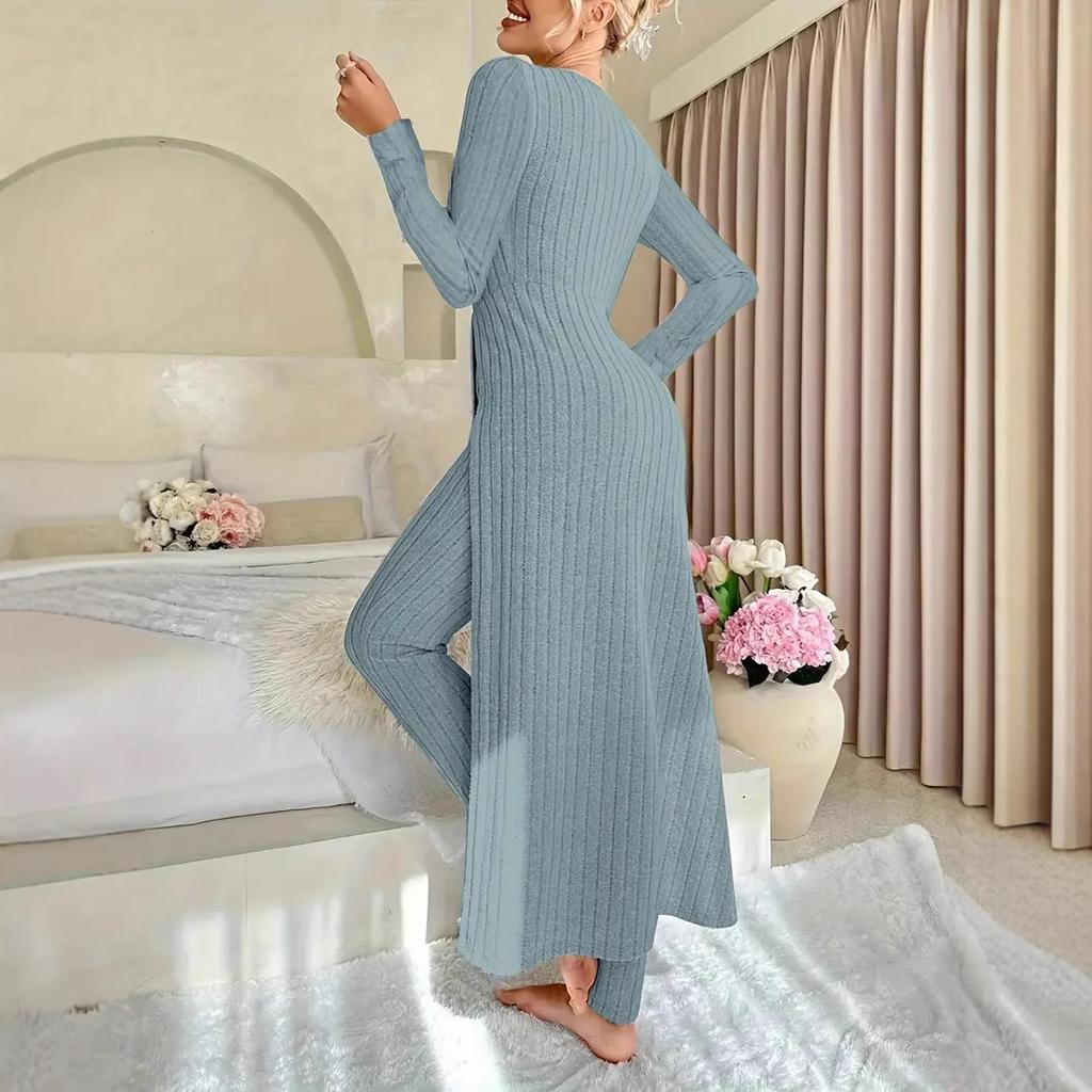 Two-piece Set of Ribbed Long-sleeved Top and Pants for Women