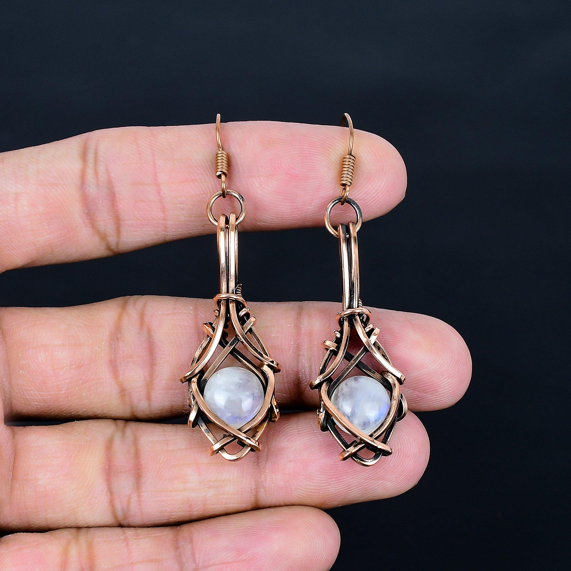 

Серьги из радужного лунного камня, ювелирные изделия из драгоценных камней, серьги, обернутые медной проволокой 999 пробы, красивые серьги ручной работы 2.55 Inches