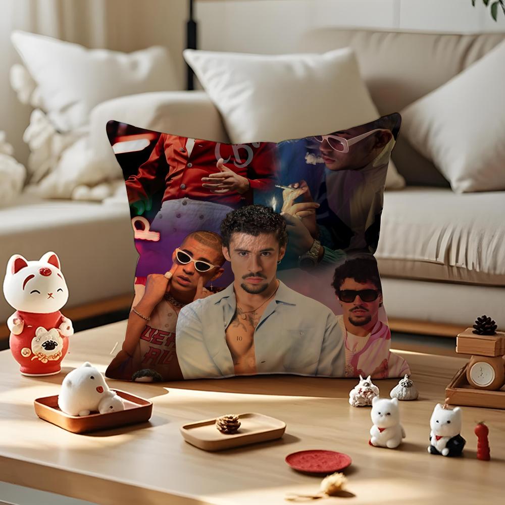 Hip Hop Rapper B-Bad B-Bunny Cushion Cover Silky Short Plush With Invisible Zipper Dustproof Sofa Pillow Cover For Home Decor