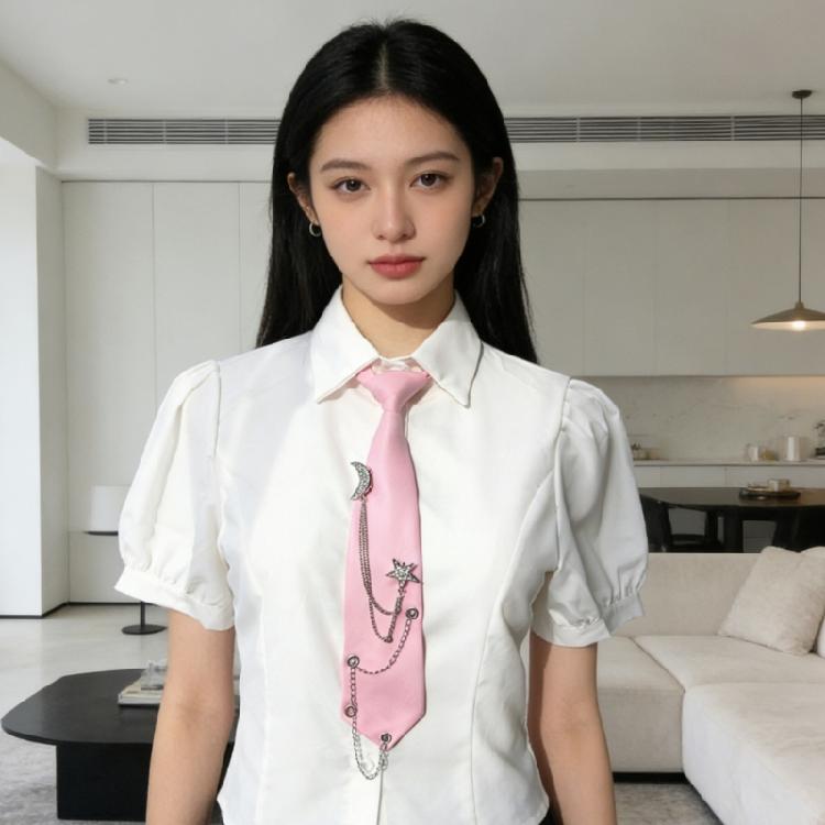 Student Pre Tied Neck Ties Preepy Look Rhinestones Star Metal Chain Dark Tie Cravat Neck Wear Accessories