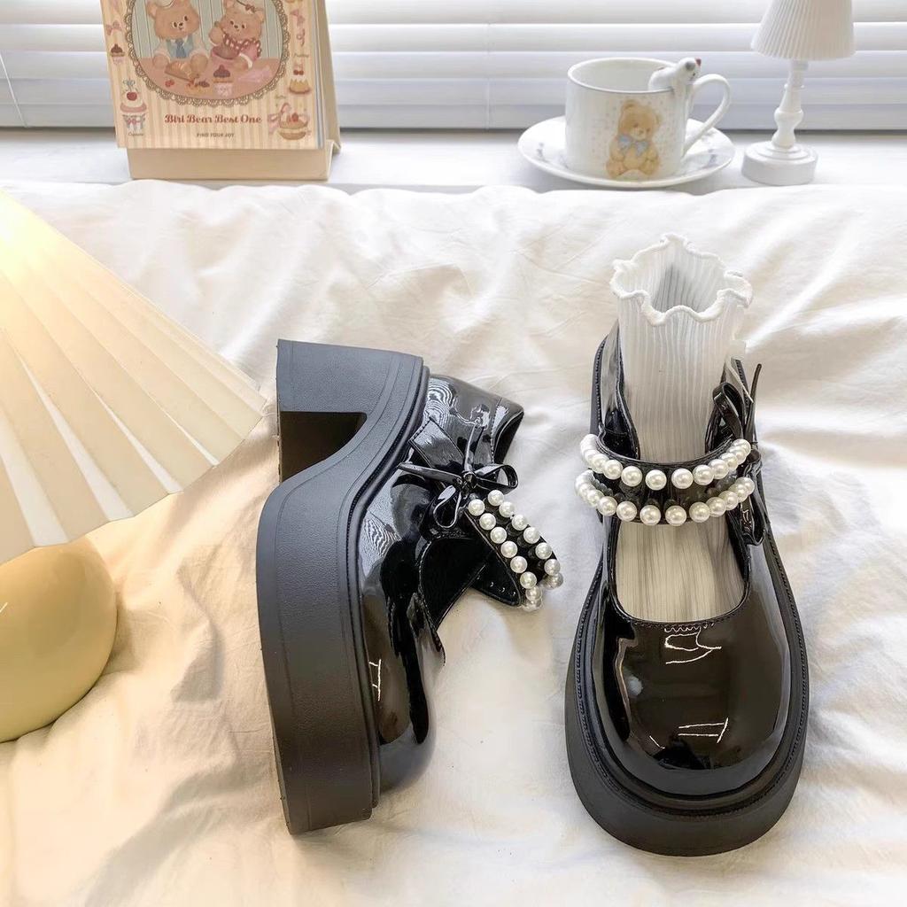 2025 Spring New Thick-soled Mary Jane Small Leather Shoes Women's Versatile Skirt French Retro Round Head Pearl Single Shoes