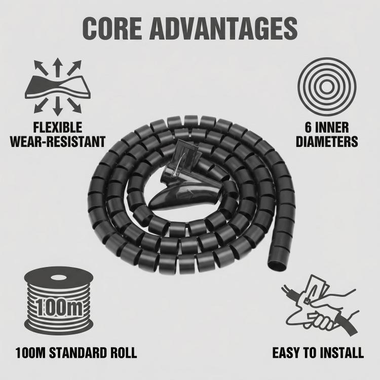Flexible PE Spiral Cable Sleeve Wrap Wire Management Organizer 6 Sizes 100M/Roll for Server Room & Home Office