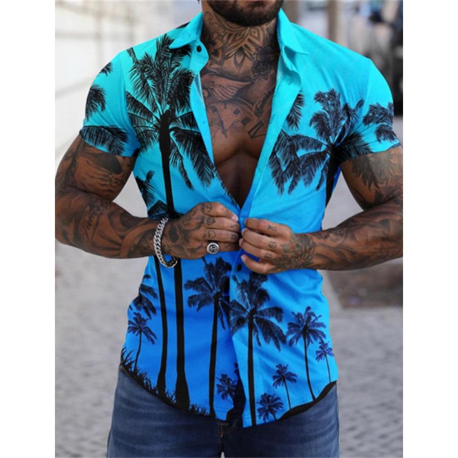 Ensemble Chemise de Plage Manches Courtes Motif Hawaïen Aloha Arbre pour Homme 3XL blue