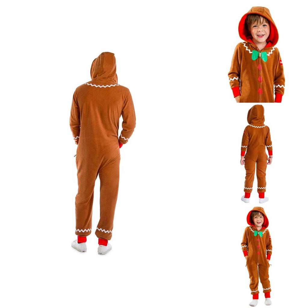 Xmas Party Hooded Jumpsuits For Kids Adult Gingerbread Man Cosplay Costume