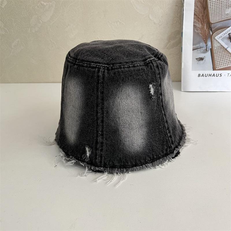 

Новая ретро выстиранная старая рваная джинсовая шляпа-рыбак детская показывает лицо маленькая с бахромой панама тренд M（56-58cm） чёрный