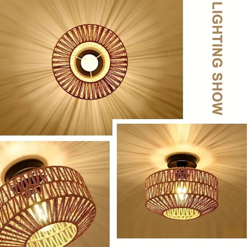 French Farmhouse Retro Chandelier – Handwoven Straw & Jute Shade with Wrought Iron Frame, Rustic Ceiling Lighting for Cafés
