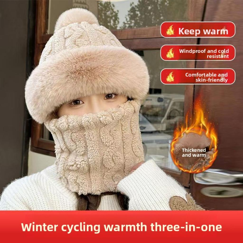 Hat, Neck, One Piece Women's Winter with Thick Velvet Riding Windproof and Cold Proof Electric Car Warm Hoodie