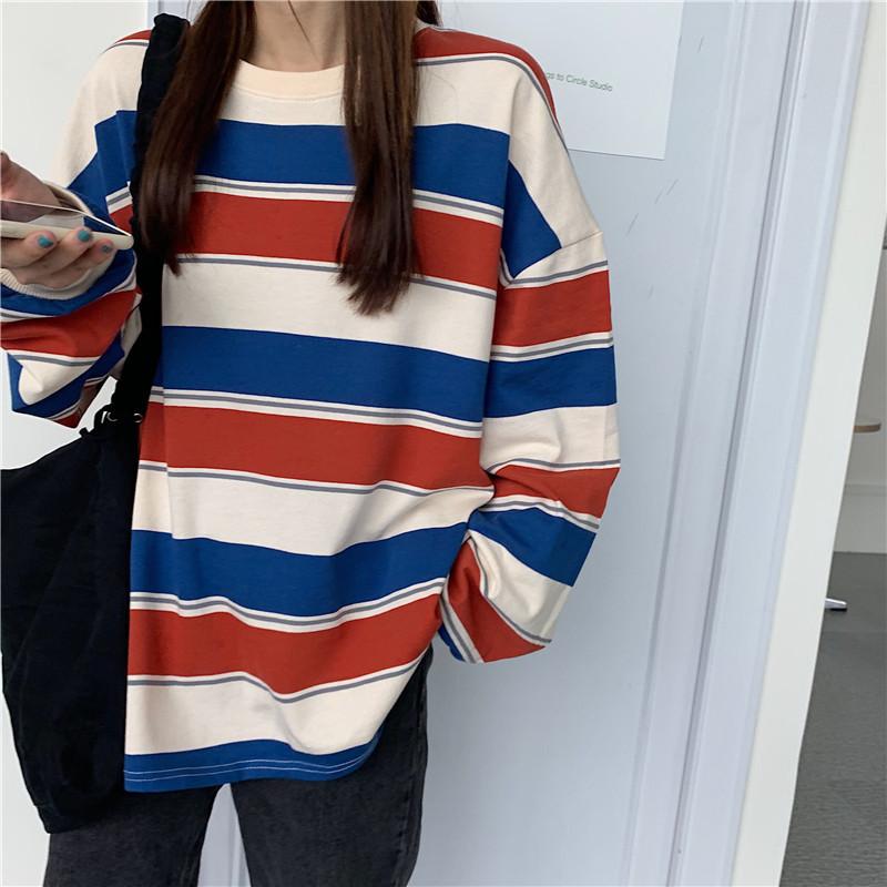 Women Striped Crew Neck Sweatshirt Oversized Loose Long Sleeve Pullover Top Casual Harajuku Style Student Blouse