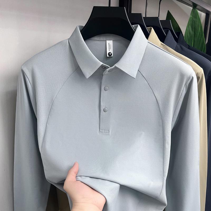 Men'S Long-Sleeved Polo Shirt Lapel Solid Color Casual Versatile T-Shirt Middle-Aged And Young Elastic Pullover