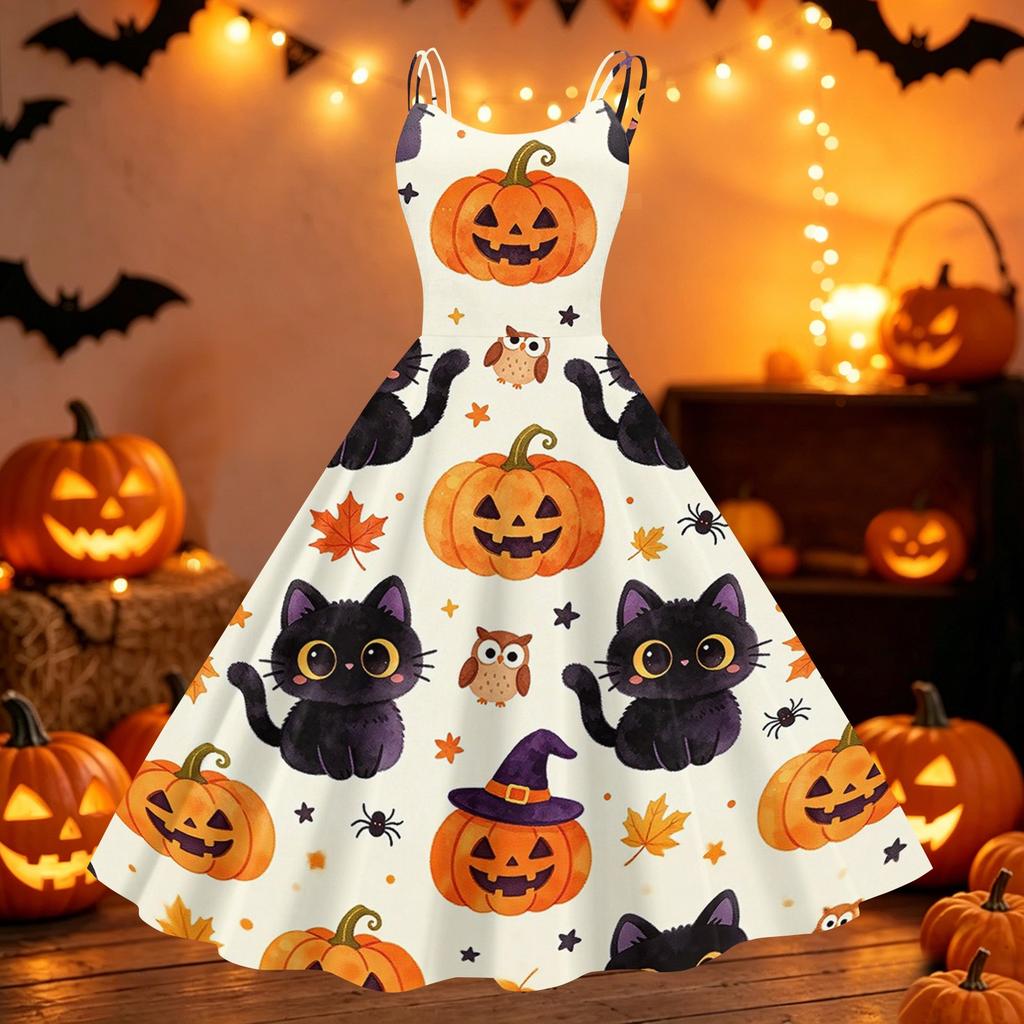 Womens Halloween Print Dress Spaghetti Strap Off Shoulder Punk Vintage Style Midi Dress Casual Party Dress