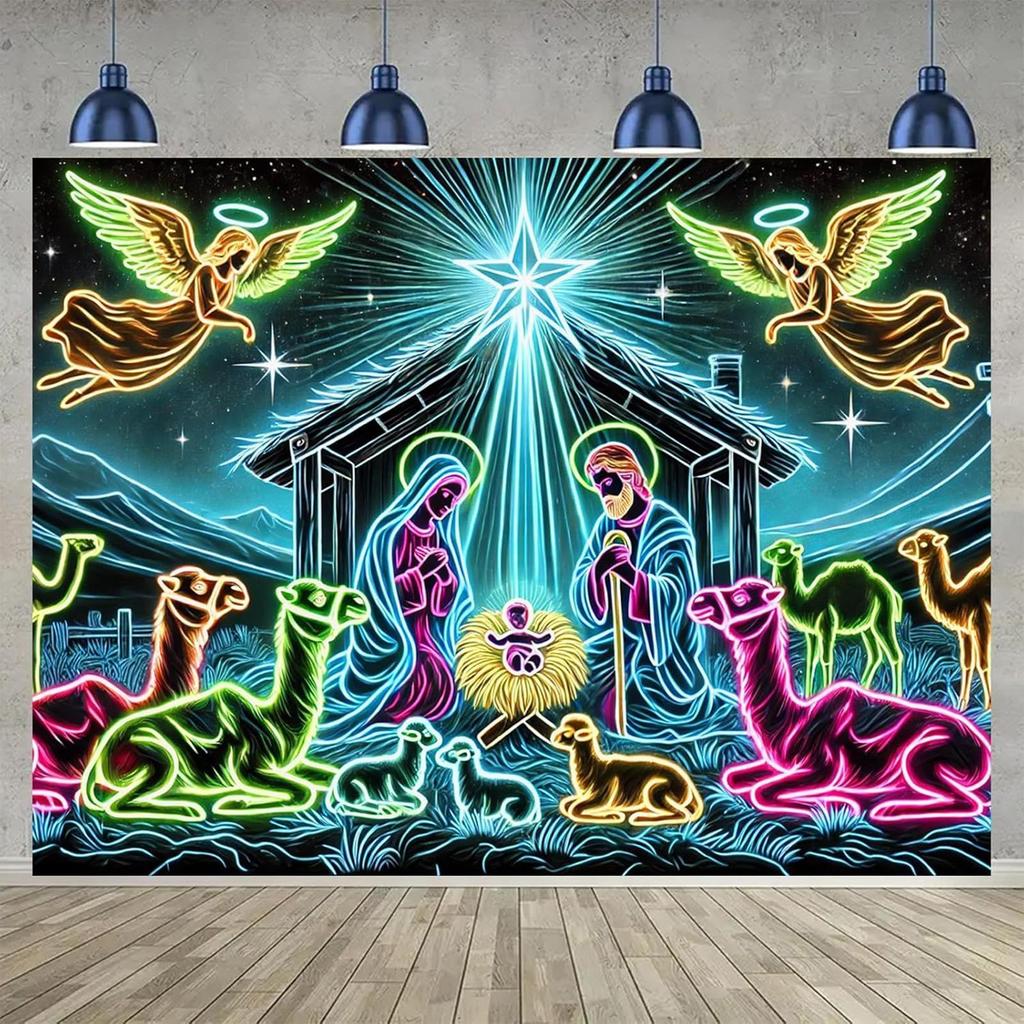 Nativity Tapestry Wall 6x7.5ft UV-Reactive Christmas Festive Decoration Glow In The Dark Festive Backdrop For College Students