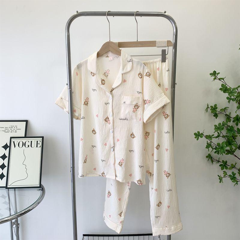 

Ins Spring and Summer Pure Cotton Gauze Bubble Cotton Pajamas Loose Cloud Cotton Home Wear Pajamas Two-piece Set Women s Clothing Beige Bear XL