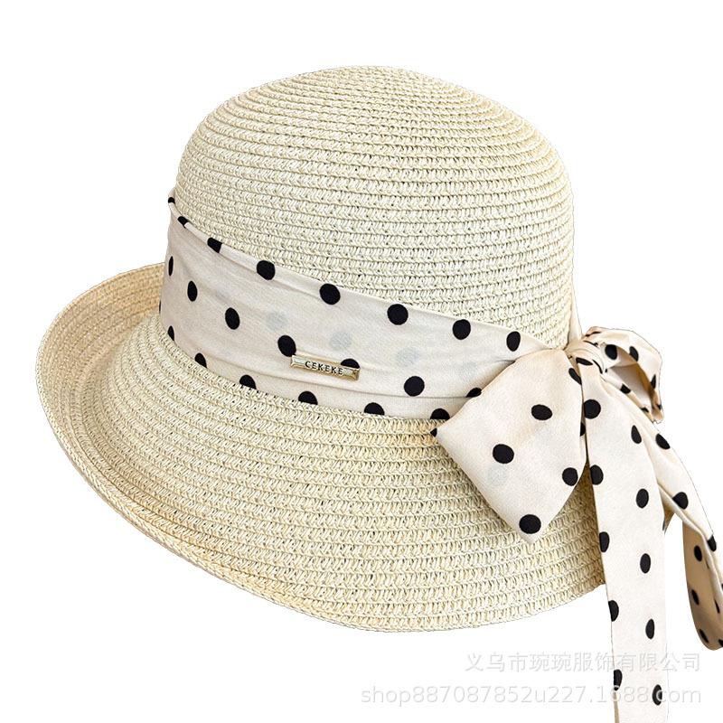 Polka Dot Ribbon Straw Hat Female Travel Beach Hat Summer Large Edge Sunscreen Sun Hat French Edge Sun Hat