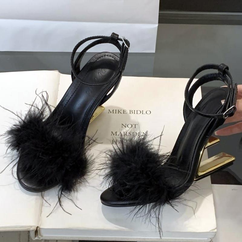 

Сексуальные летние женские сандалии с открытым носком в необычном стиле, модный дизайн с перьями, брендовые туфли на высоком каблуке, элегантные туфли для выпускного вечера, женские шлепанцы 40 чёрный