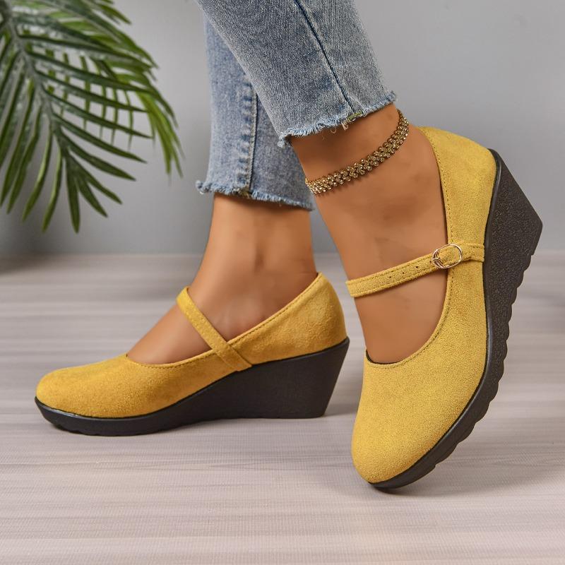 Fashion Round Toe Suede Slip Strap Single Shoes Autumn New Platform Anti-Slip Wear-Resistant Mid-heel Wedge Shoes