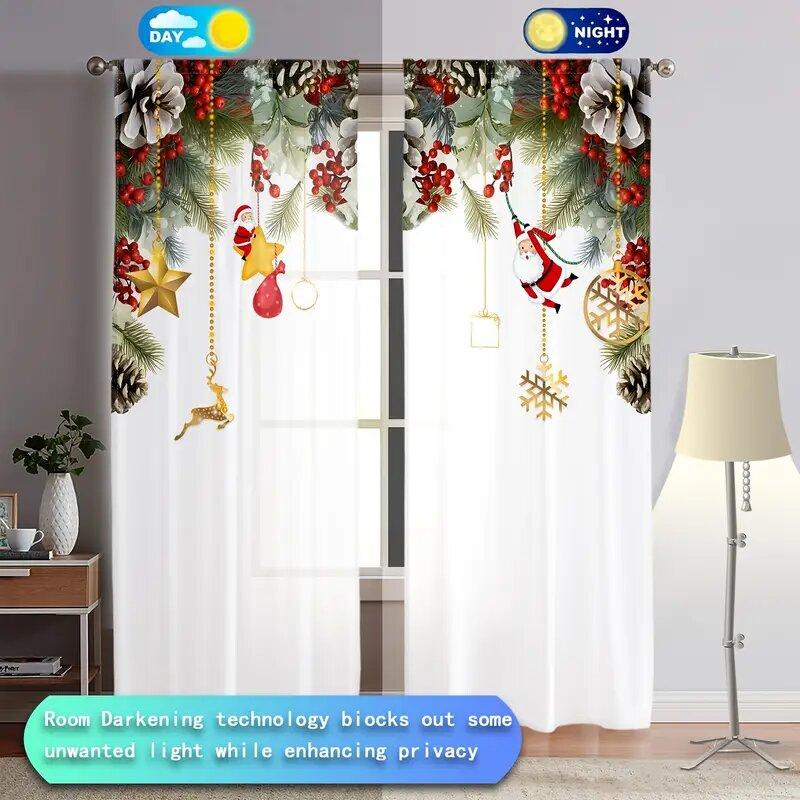 2 Pieces - Christmas atmosphere printed curtains, pole bag curtains, home decoration, room decoration