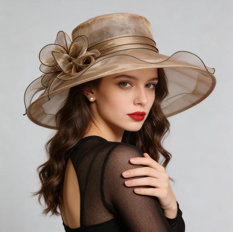 European and American summer sunshade and sunscreen hats, women's Eugen yarn top hat, big brim, small face, breathable mesh yarn hat
