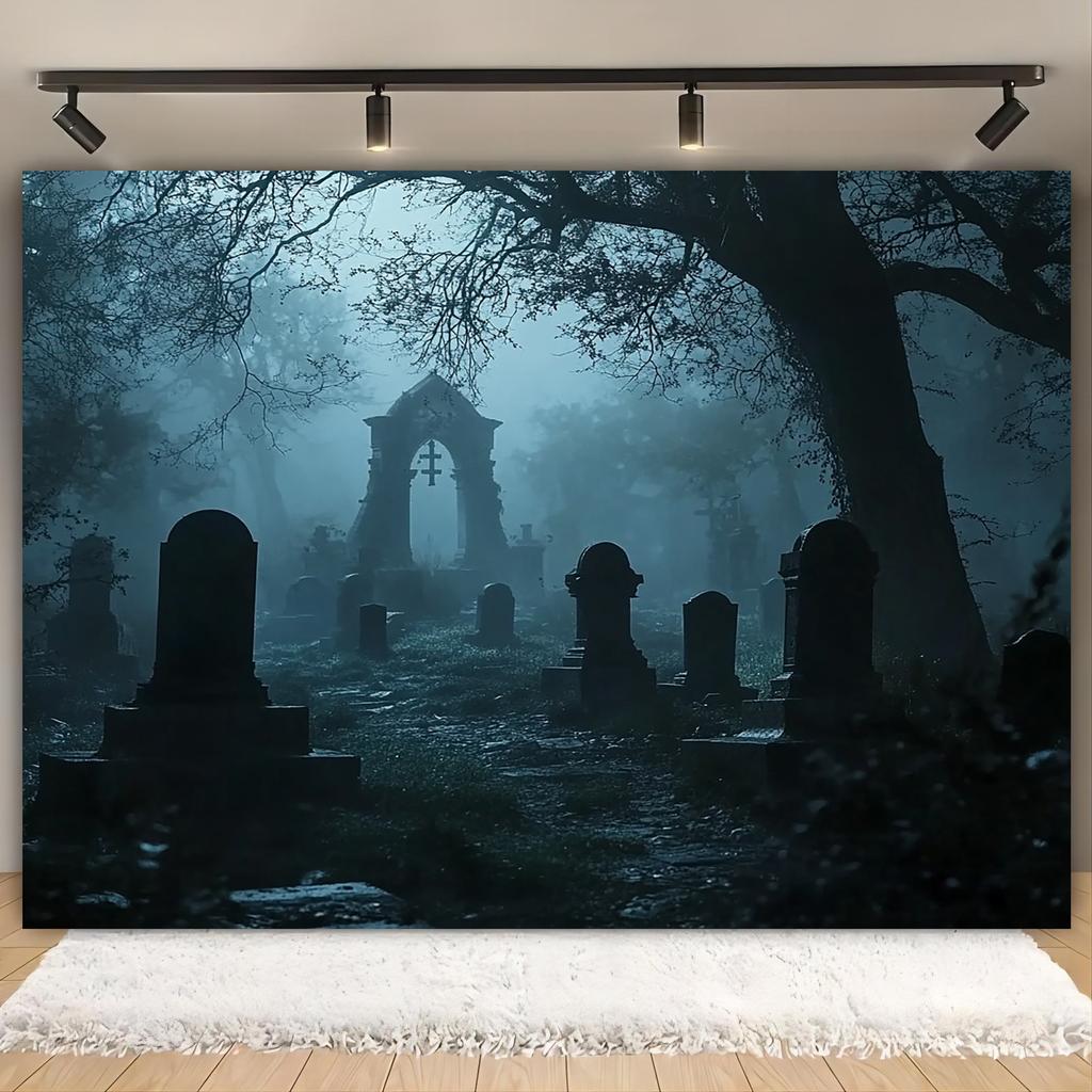 1 Set of Cemetery-themed Photo Background - a Creepy Cemetery Scene with Foggy Trees and Tombstones