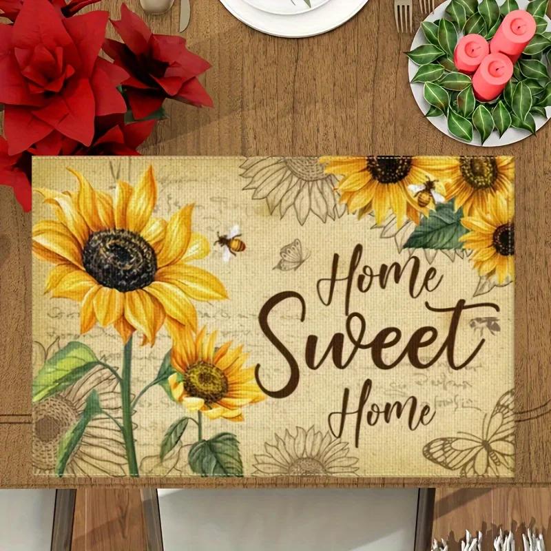 1PC Sunflower Linen Meal Mat Printed Retro Placemat for Table Decoration Kitchen Tabletop Protection and Heat Resistance