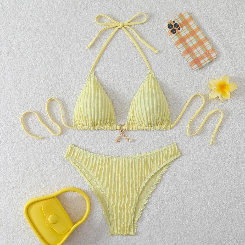 European and American Women's Sexy Backless Strappy Bikini Swimsuit - Solid Color, Hot Spring Wear