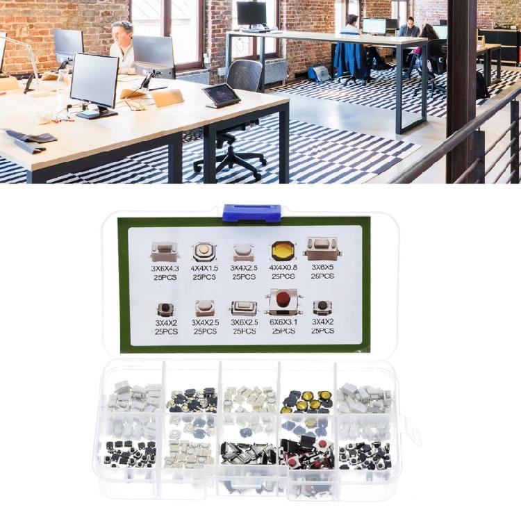 250Pcs 10 Types Tactile Push Button Switches Assortment Plastic Box For Car Remote Key Button Touch Microswitch