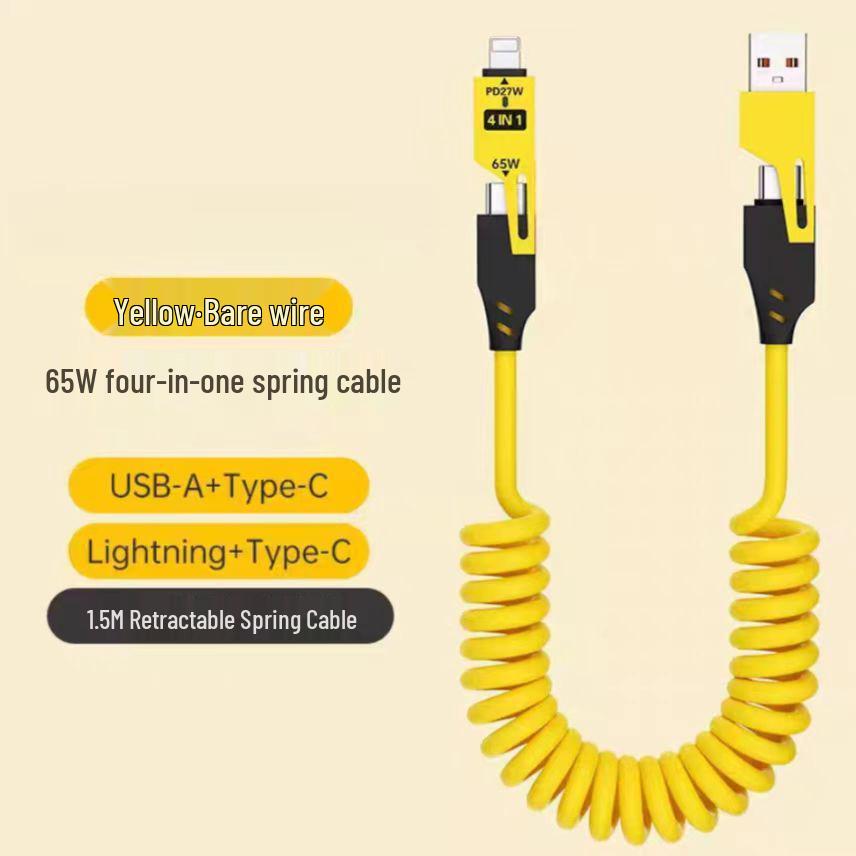 Cross-Border 4-in-1 Spring Retractable Data Cable for Apple 16 & Huawei, 65W Super Fast Charging
