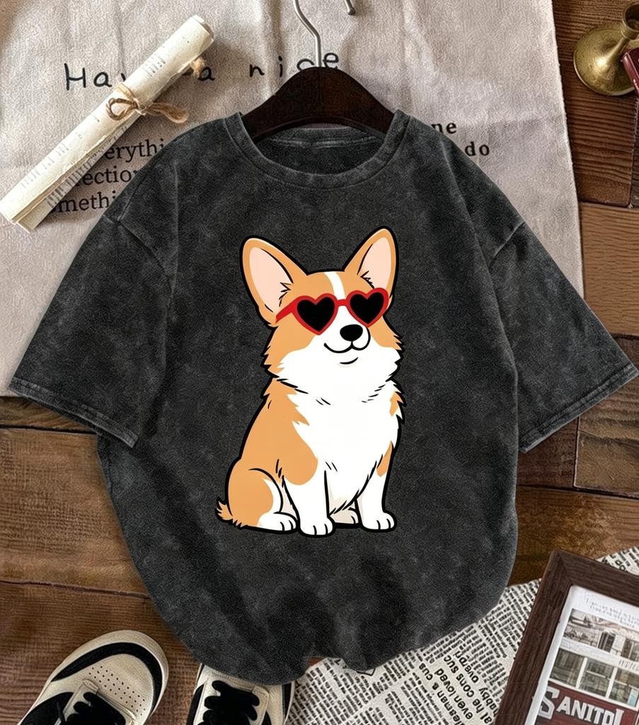 Cool Dalmatian with Sunglasses TShirt Washed Cotton Funny Dog Graphic Tee Quirky Animal Print Top Fashionable Streetwear