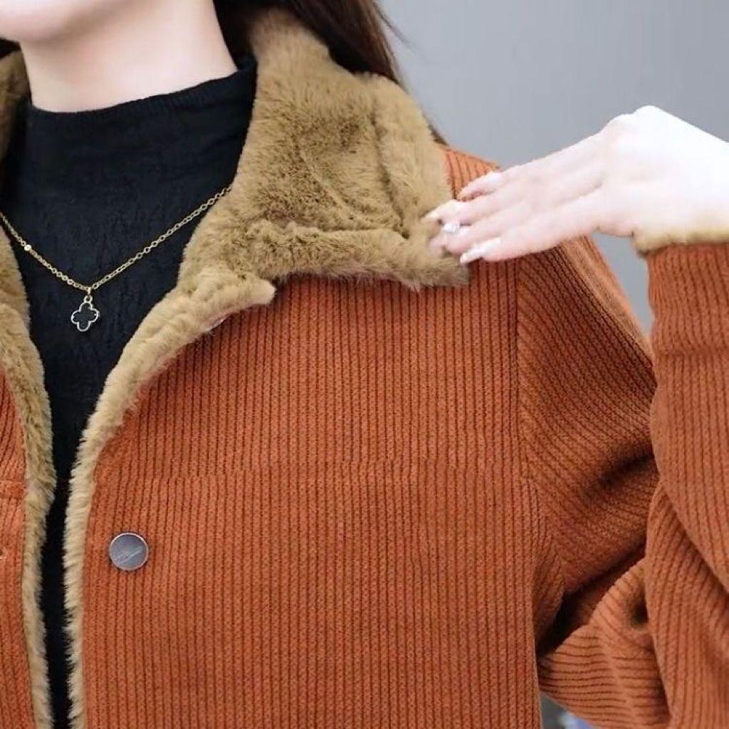 Women's Thickened Corduroy Jacket with Fleece Lining - Warm, Fashionable, Age-Reducing, Loose Fit, Slimming Long Sleeve Outerwear