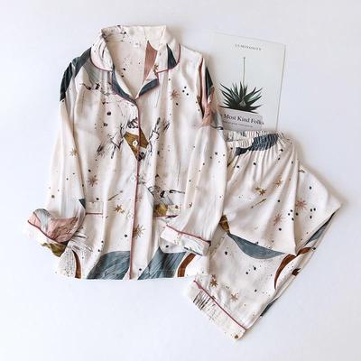 Spring/Summer New Women's Long-Sleeved Pajama Suit, 100% Viscose Long Trousers Sleepwear for Home Nightwear