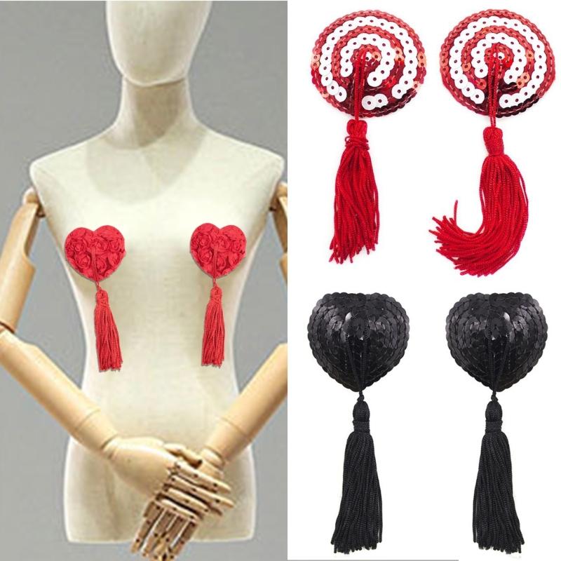 Women Sequins Tassels Nipple Cover Reusable Adhesive Pasties Breast Cover Lace Sticky Bra Chest Pad Lingerie Accessories