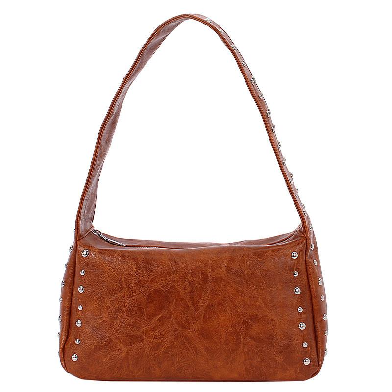 

Crossbody Bag For Women Pu Leather Minimalist Fashionable Vintage With Studded Accents For Daily Use коричневый