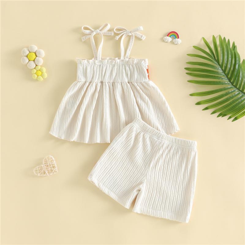Girls Suit Summer Fashion Children Style Flower Crochet Spaghetti Strap Tops and Shorts Two-piece Girls Clothing Sets