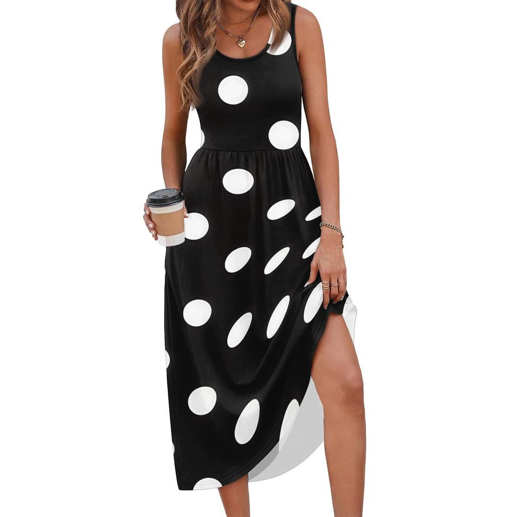 Women's Polka Dot Print Short Sleeve Midi Dress with Pockets for Beach Vacation and Casual Summer Wear