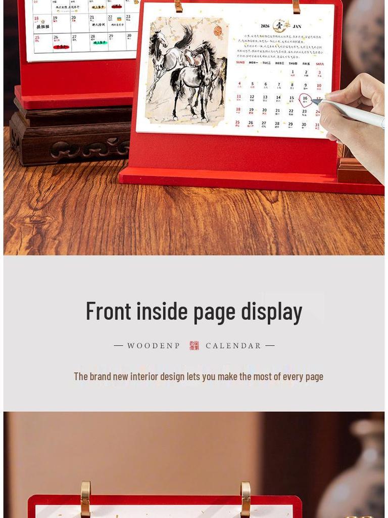 High-End Uhr & Holz-Tischkalender Geschenkbox - Anpassbare Firmengeschenke mit Werbelogo - Ausgabe Jahr des Pferdes