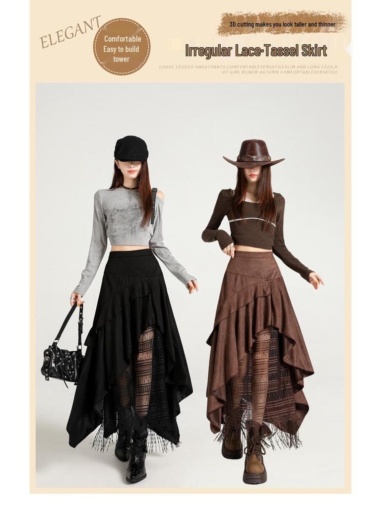 Women's High Waist Lace Patchwork Suede Midi Skirt, 2025 Autumn/Winter