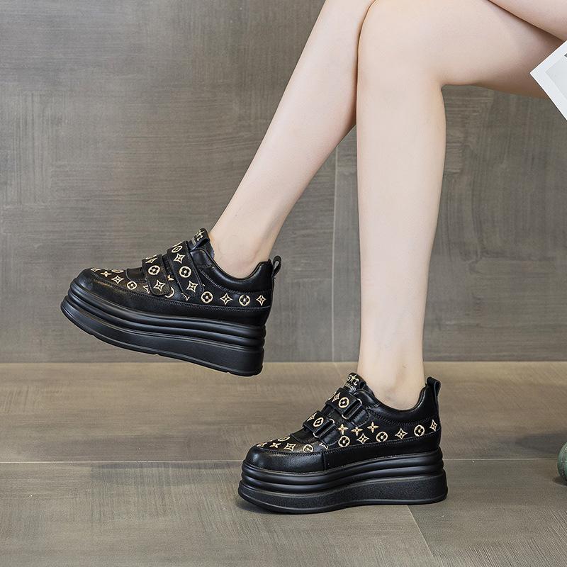 Damenschuhe mit dicker Sohle, Weiß, Innenhöhe erhöhend, Lederstickerei, Neu, Sportlich und lässig, Vielseitig und leicht, Damenschuhe mit Klettverschluss