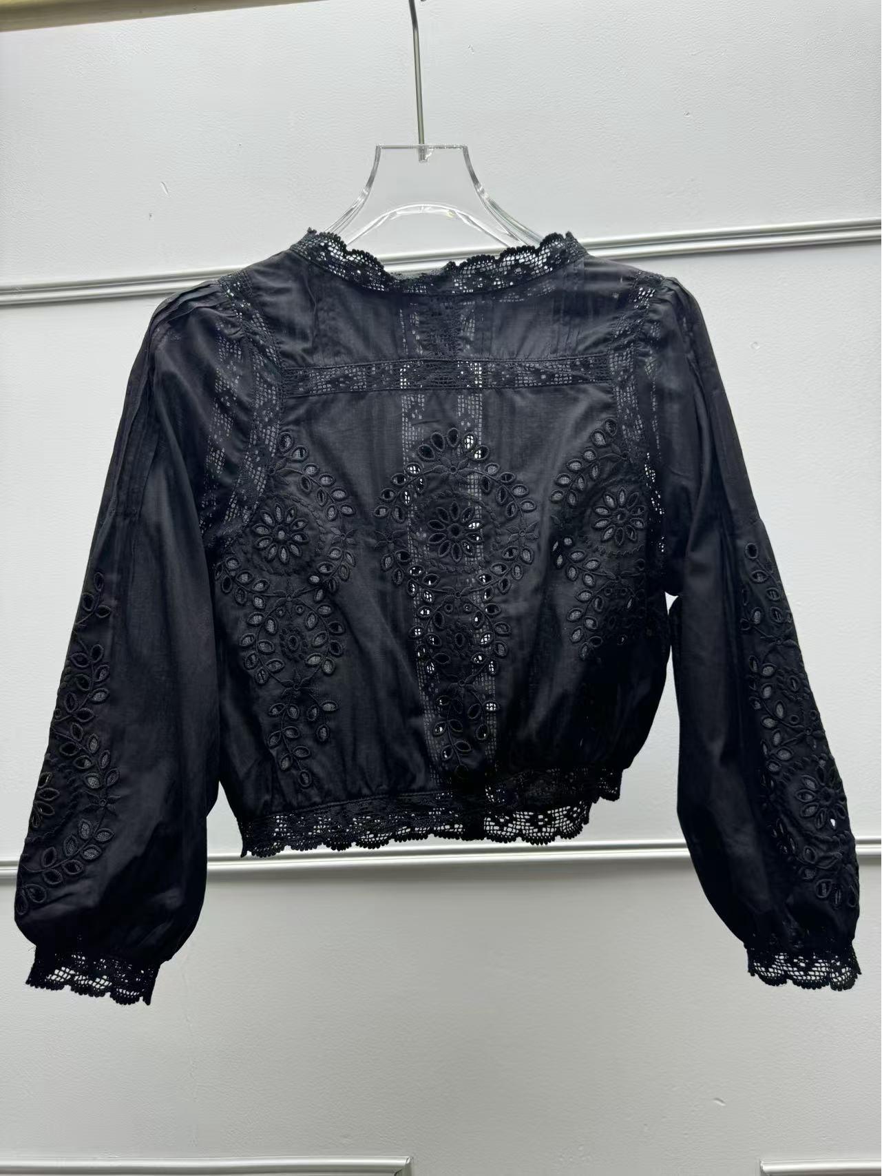 Women s Crochet Embroidered French Top - Round Neck, Versatile, Loose Fit, Short Sleeves, Cropped, Slimming Design M чёрный