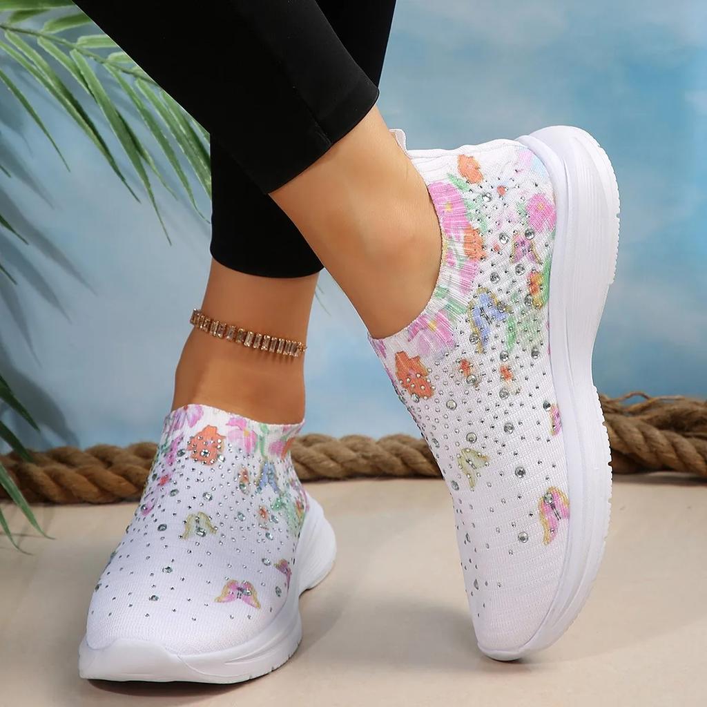 Large Size Casual Women's Shoes 2024 New Running Shoes Printed with Floral Rhinestones for Casual Sports