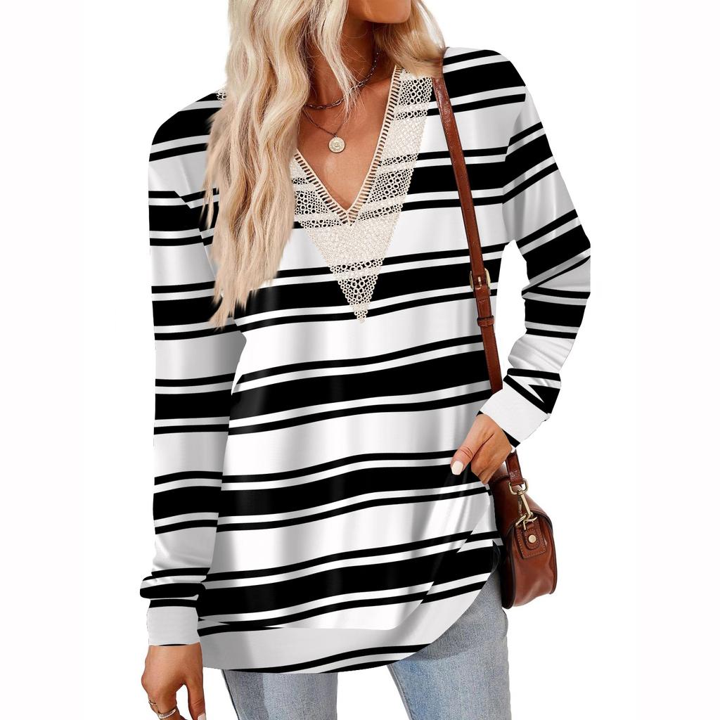 Womens Tops Loose V-neck Contrast Color Split Loose Long Sleeve T-shirt Women's Tops
