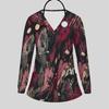 Women Plus Size Printed V Neck Long Sleeve Nurse Scrub Top With Front Pockets