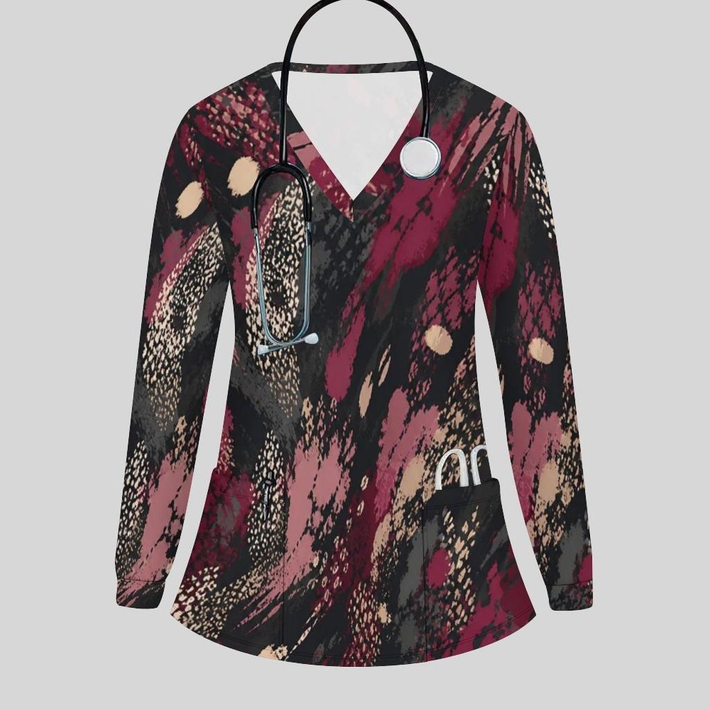 Women Plus Size Printed V Neck Long Sleeve Nurse Scrub Top With Front Pockets