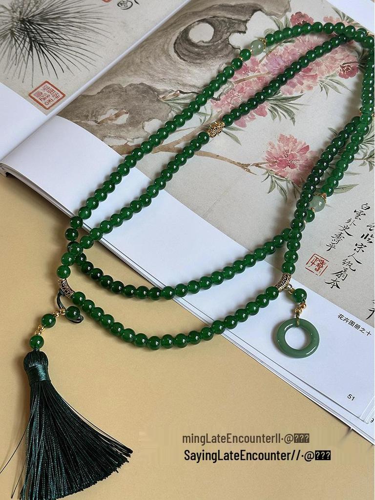 108-Bead Green Tassel Necklace - Long Chinese-Style Sweater Chain Accessory