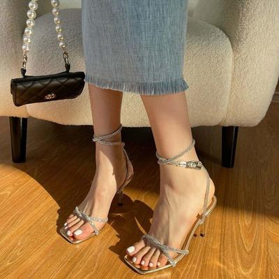 Französische Feenschuhe Strass-Sandalen Damen Sommer Offene Zehenpartie Stiletto Römische Schuhe mit quadratischer Spitze Hohe Absätze 2025 Neu