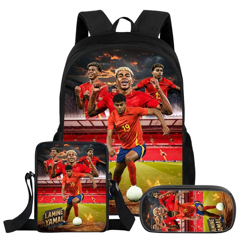 Set da 3 Pezzi Zaino L-Lamin Yamal Bambini Studenti Scuola Stella del Calcio Zaino Miglior Regalo Borsa a Spalla Astucci Zainetto