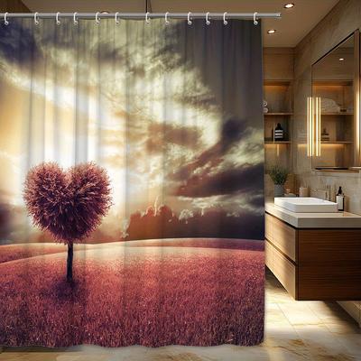 1pc Dreamy Heart-Shaped Tree Shower Curtain - Golden Sunset, Romantic Design, Polyester,  Bathroom Decor