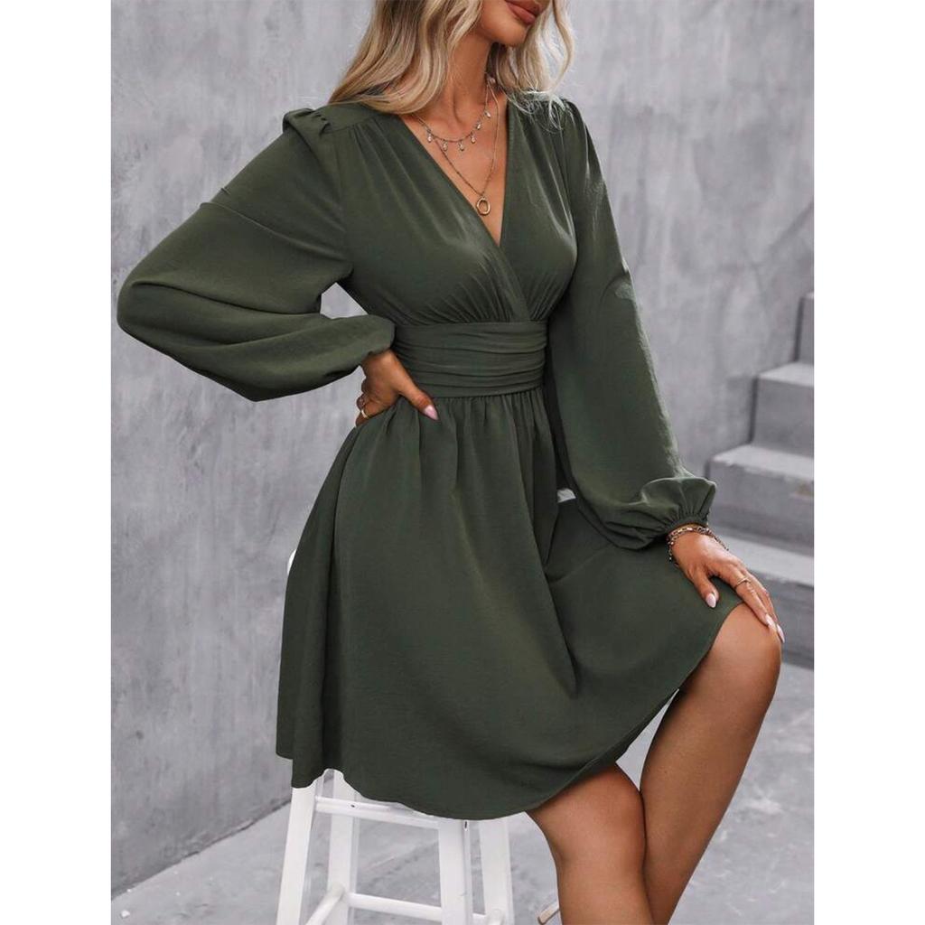 Women's Fashionable Color V Neck Long Sleeved Pleated Versatile Dress
