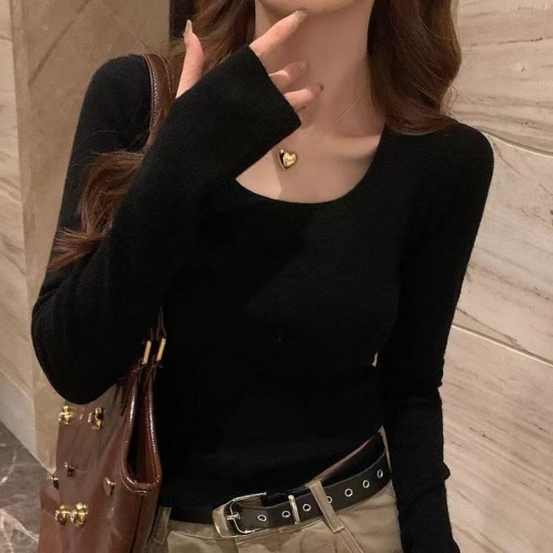

Low-neck bottoming shirt women s new spring and autumn gray sweater slim-fitting square-neck knitted sweater high-end inner top S/80-90 чорний