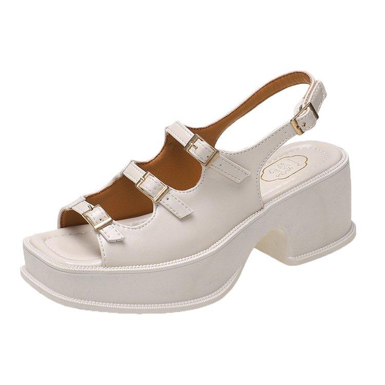 2024 Spring New Thick Sole Thick Heel Open Toe Roman Casual Sandals with Buckle Square Head Fashion Comfortable Women's Shoes