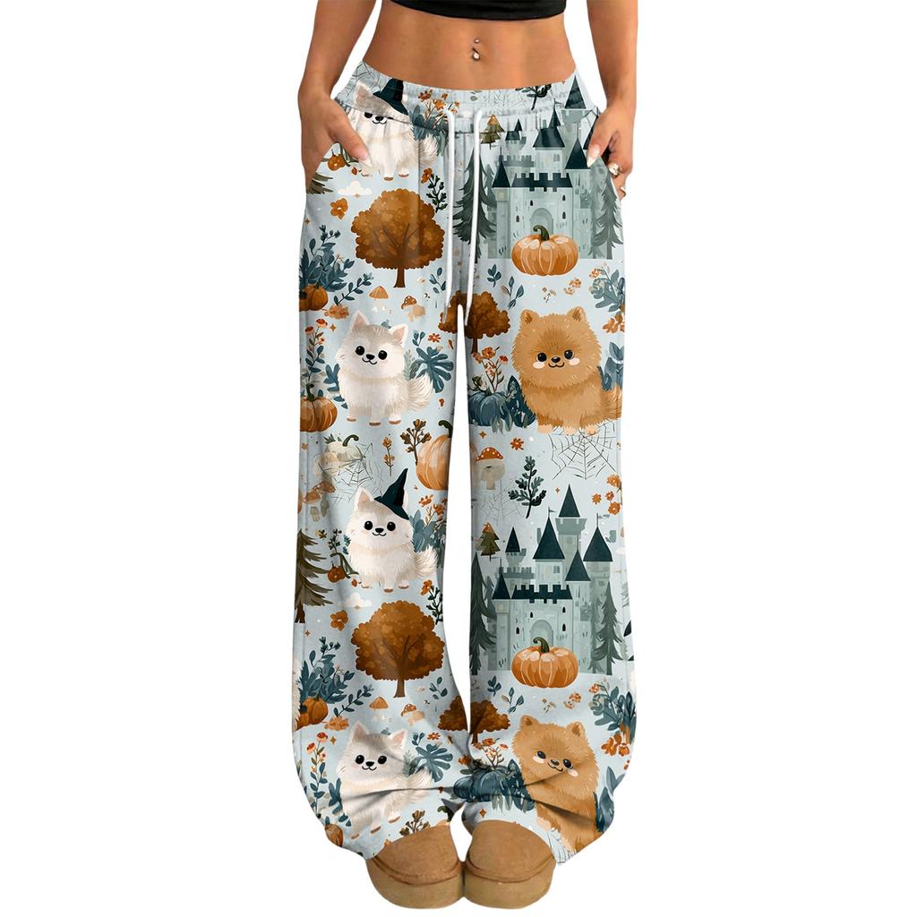 Women's Casual Halloween Print Loose Wide Leg Pants with Elastic Waist and Drawstring