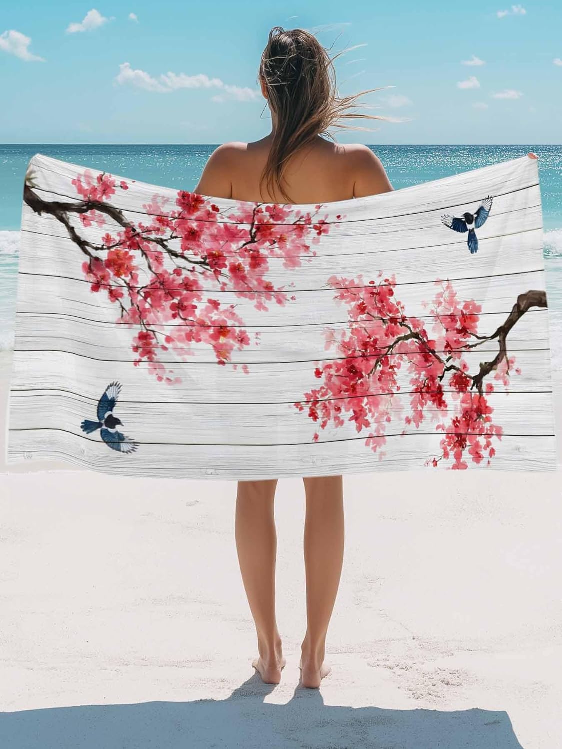 

Spring Watercolor Flower Plum Blossom Beach Towels Bird Farm Sand Free Quick Dry Travel Towels Absorbent Swimming Pool Swim W40*H60(CM)